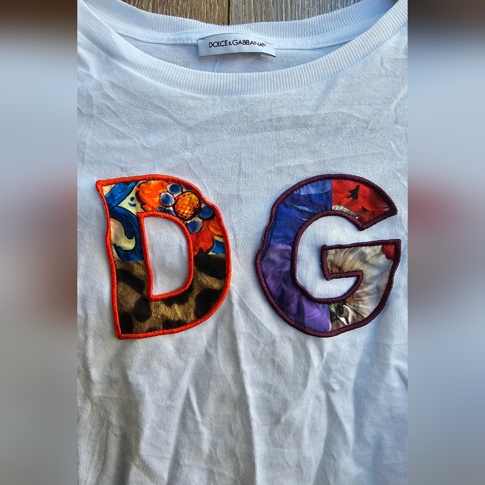 Dolce & Gabbana JR Patchwork Kids White Tee with Multicolor DG Embroidery Size 5 - Picture 2 of 7